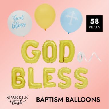 Faithful Finds God Bless Banner Balloons for Boys Baptism Decorations, First Communion (12-16 In, 58 Piece Set). View a larger version of this product image.