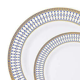Smarty Had A Party White with Blue and Gold Chord Rim Plastic Dinnerware Value Set (120 Dinner Plates + 120 Salad Plates)