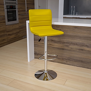 Flash Furniture Modern Yellow Vinyl Adjustable Bar Stool with Back, Counter Height Swivel Stool with Chrome Pedestal Base. View a larger version of this product image.