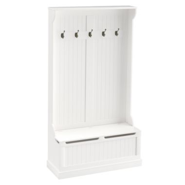 HOMCOM 71" 3-In-1 Hall Tree Storage Bench and Coat Rack with 5 Steel Double Hooks, and Anti-Topple Anchor for Entryway, White. View a larger version of this product image.