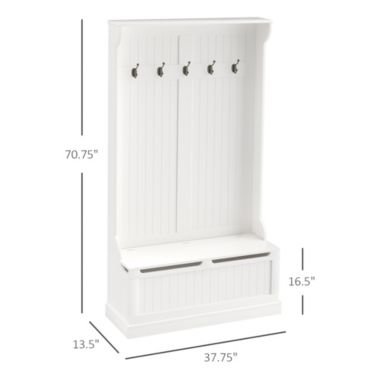 HOMCOM 71" 3-In-1 Hall Tree Storage Bench and Coat Rack with 5 Steel Double Hooks, and Anti-Topple Anchor for Entryway, White. View a larger version of this product image.