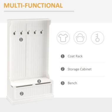 HOMCOM 71" 3-In-1 Hall Tree Storage Bench and Coat Rack with 5 Steel Double Hooks, and Anti-Topple Anchor for Entryway, White. View a larger version of this product image.
