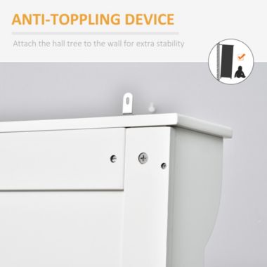 HOMCOM 71" 3-In-1 Hall Tree Storage Bench and Coat Rack with 5 Steel Double Hooks, and Anti-Topple Anchor for Entryway, White. View a larger version of this product image.