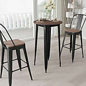 Merrick Lane 24" Round Metal Indoor Bar Height Table with Black Galvanized Steel Frame and Walnut Rustic Wood Top