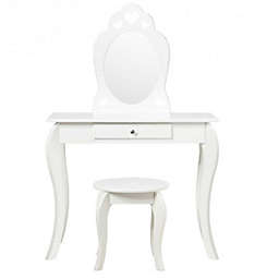 Costway Kids Princess Makeup Dressing Play Table Set with Mirror -White