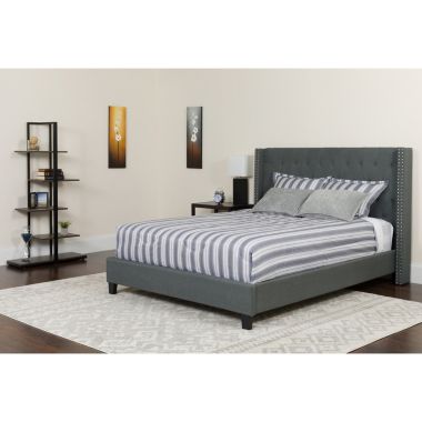 Flash Furniture Riverdale King Size Tufted Upholstered Platform Bed in Dark Gray Fabric with Pocket Spring Mattress. View a larger version of this product image.