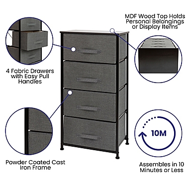 Emma + Oliver 4 Drawer Vertical Storage Dresser with Black Wood Top & Gray Fabric Pull Drawers. View a larger version of this product image.