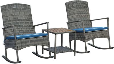 Outsunny 3 Pieces Outdoor PE Rattan Rocking Chair Set, Patio Wicker Recliner Rocker Chair with Soft Cushion & Nature Wood Top Coffee Table, for Garden Backyard Porch, Blue