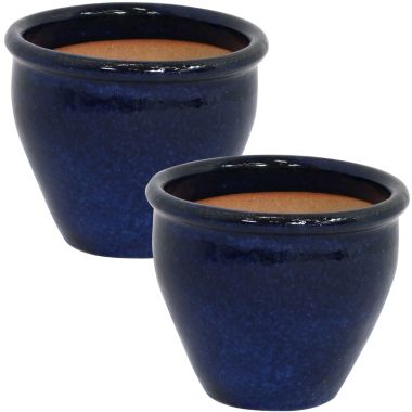 Sunnydaze Chalet Indoor/Outdoor High-Fired Glazed UV- and Frost-Resistant Ceramic Planter with Drainage Holes - 9" Diameter - Imperial Blue - 2-Pack. View a larger version of this product image.