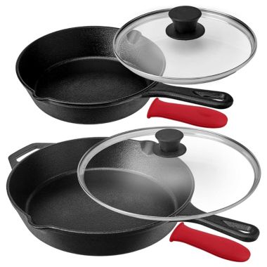 MegaChef Pre-Seasoned 6 Piece Cast Iron Skillet Set with Lids and Red Silicone Holders. View a larger version of this product image.
