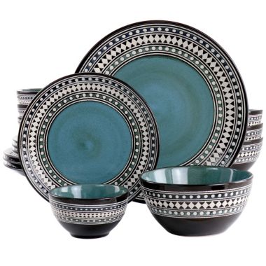 Elama Blue Sage 16 Piece Double Bowl Stoneware Dinnerware Set in Blue. View a larger version of this product image.