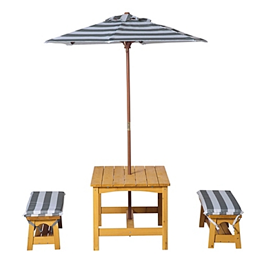 Outsunny Kids Wooden Table Bench Set with Cushions, Outdoor Picnic Furniture with Removable Umbrella, for Backyard, Garden, Aged 3-8 Years Old, Yellow. View a larger version of this product image.