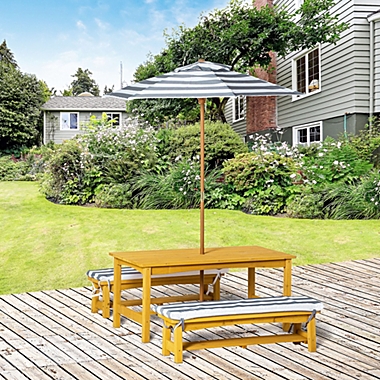 Outsunny Kids Wooden Table Bench Set with Cushions, Outdoor Picnic Furniture with Removable Umbrella, for Backyard, Garden, Aged 3-8 Years Old, Yellow. View a larger version of this product image.