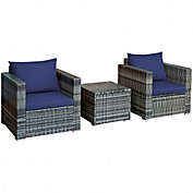 Costway 3 Pcs Patio Rattan Furniture Bistro Sofa Set with Cushioned-Navy