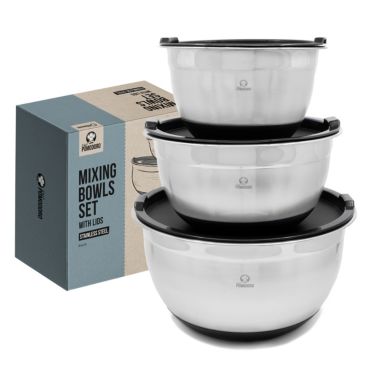 Chef Pomodoro Mixing Bowls with Lids, Stainless Steel Bowl Set, Non-Slip Silicone Base, Mixing Bowl Set - 3 Piece (1.5 Qt, 3 Qt, 5 Qt), Bowls for Kitchen Storage, Cooking, Baking, Prepping (Black). View a larger version of this product image.