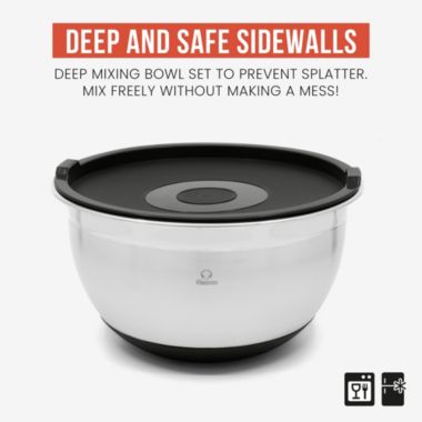 Chef Pomodoro Mixing Bowls with Lids, Stainless Steel Bowl Set, Non-Slip Silicone Base, Mixing Bowl Set - 3 Piece (1.5 Qt, 3 Qt, 5 Qt), Bowls for Kitchen Storage, Cooking, Baking, Prepping (Black). View a larger version of this product image.