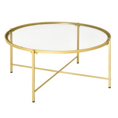 HOMCOM 36" Modern Tempered Glass Coffee Table, Round Table for Living Room, Office, with Metal Frame, Gold