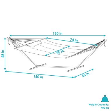 Sunnydaze 2-Person Quilted Fabric Spreader Bar Hammock with Detachable Pillow and Stand - 400 lb Weight Capacity/15' Stand - Catalina Beach. View a larger version of this product image.