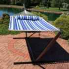 Alternate image 2 for Sunnydaze 2-Person Quilted Fabric Spreader Bar Hammock with Detachable Pillow and Stand - 400 lb Weight Capacity/15' Stand - Catalina Beach