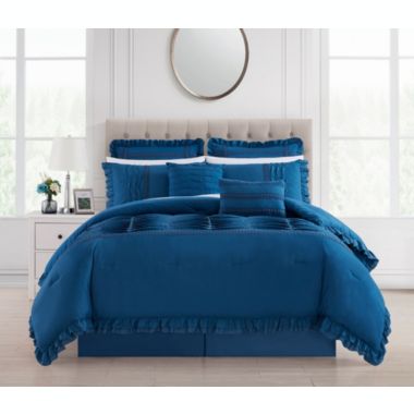 Chic Home Yvette Comforter Set Ruffled Pleated Flange Border Design Bedding Blue, Queen. View a larger version of this product image.