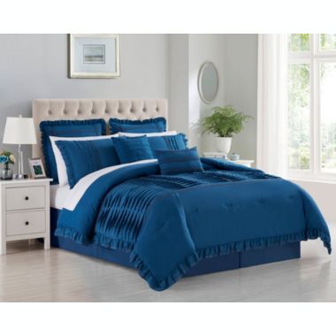 Chic Home Yvette Comforter Set Ruffled Pleated Flange Border Design Bedding Blue, Queen. View a larger version of this product image.