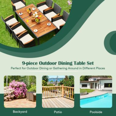 Costway 9 Pieces Patio Rattan Dining Set Acacia Wood Table Cushioned Chair. View a larger version of this product image.