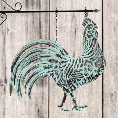 Contrast Metal Verdigris Copper Rooster Wall Bracket Hanging Sculpture Outdoor Home Decor. View a larger version of this product image.