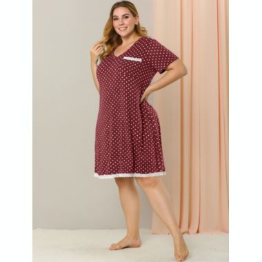 Agnes Orinda Women's Plus Size Nightgown Polka Dots Short Sleeve Pajamas Nightgowns, Leisure Polyester Round Neck Baby doll Sleepwear Cami Dress, 2X Burgundy. View a larger version of this product image.