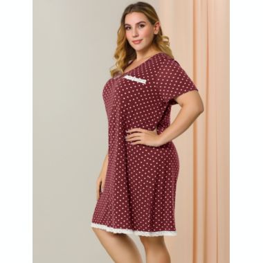 Agnes Orinda Women's Plus Size Nightgown Polka Dots Short Sleeve Pajamas Nightgowns, Leisure Polyester Round Neck Baby doll Sleepwear Cami Dress, 2X Burgundy. View a larger version of this product image.