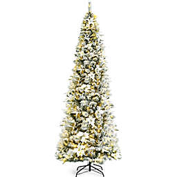 Gymax 5/6/7/8 FT Pre-Lit Artificial Snow-Flocked Christmas Tree Hinged Pencil Xmas Tree