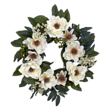 Nearly Natural Artificial Magnolia Floral Spring Wreath, White and Green 22-Inch. View a larger version of this product image.