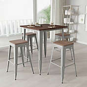 Merrick Lane 5 Piece Bar Table and Stools Set with 31.5" Square Silver Metal Table with Wood Top and 4 Matching Bar Stools