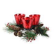 CC Christmas Decor 8" Red Triple Speckled Glass Candle Holder Wreath with Pinecones