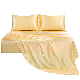 PiccoCasa Satin Sheet Set 4-Pieces Soft Luxury Silky Bedding Set Polyester with 2 Envelope Pillowcases, Elastic Deep Pocket Fitted Sheet, Gold King