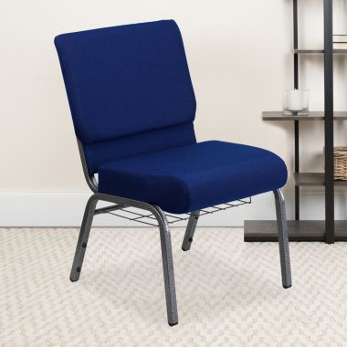 Flash Furniture HERCULES Series 21''W Church Chair in Navy Blue Fabric with Cup Book Rack - Silver Vein Frame. View a larger version of this product image.
