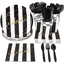 Juvale 144 Piece Black and Gold Striped Celebrate Plates, Napkins, Cups, and Cutlery (Serves 24)