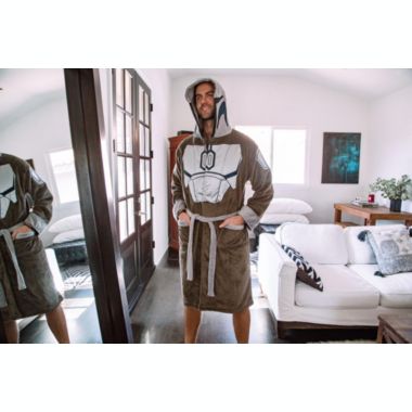 Star Wars  The Mandalorian Bounty Hunter Hooded Bathrobe for Men And Women   Soft Plush Spa Robe for Shower   Lightweight Fleece Housecoat With Adjustable Belted Tie. View a larger version of this product image.