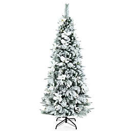 Costway Pre-lit Snow Flocked Christmas Tree with Berries and Poinsettia Flowers-6'