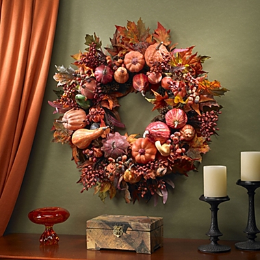 Nearly Natural Autumn Harvest Maple Berries and Pinecones Wreath, Orange - 28-Inch. View a larger version of this product image.