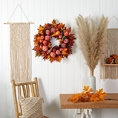 Nearly Natural Autumn Harvest Maple Berries and Pinecones Wreath, Orange - 28-Inch. View a larger version of this product image.