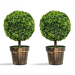Costway 2 Pieces 24 Inch Artificial Boxwood Topiary Ball Tree for House and Office