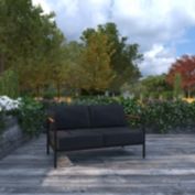 Merrick Lane Eastport Outdoor Loveseat with Removable Charcoal Fabric Cushions and Black Teak Accented Aluminum Frame