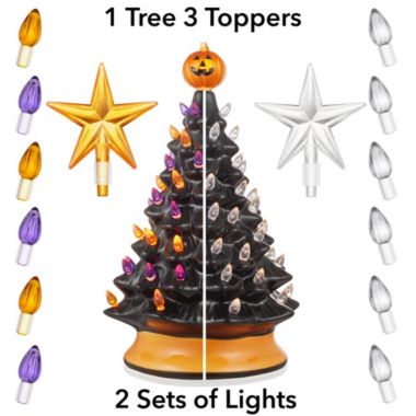 Casafield Hand-Painted Ceramic Halloween Tree, 15-Inch Pre-Lit Decoration with 128 Multi-Color Lights, Jack-O-Lantern and Star Toppers. View a larger version of this product image.