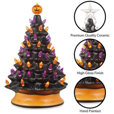 Casafield Hand-Painted Ceramic Halloween Tree, 15-Inch Pre-Lit Decoration with 128 Multi-Color Lights, Jack-O-Lantern and Star Toppers. View a larger version of this product image.