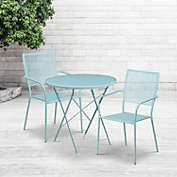 Emma + Oliver Commercial Grade 30" Round Sky Blue Folding Patio Table Set-2 Square Back Chairs