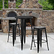 Emma + Oliver Commercial 24" Round Black Metal Bar Table Set-2 Square Seat Backless Stools