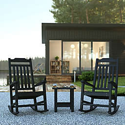 Emma and Oliver Set of 2 Indoor/Outdoor Poly Resin Rocking Chairs with Side Table in Black