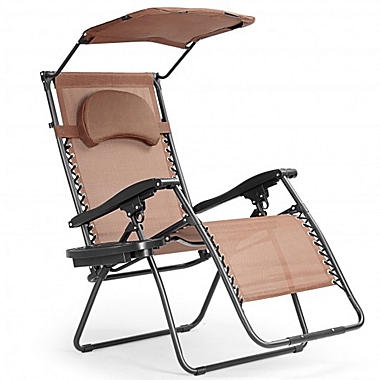Costway Folding Recliner Lounge Chair with Shade Canopy Cup Holder-Coffee. View a larger version of this product image.