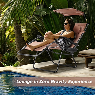 Costway Folding Recliner Lounge Chair with Shade Canopy Cup Holder-Coffee. View a larger version of this product image.