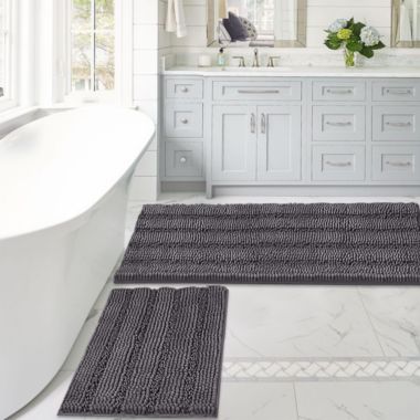 PrimeBeau Striped Bath Rugs for Bathroom Anti-Slip Bath Mats Soft Plush Chenille Shaggy Mat, Gray, 47" x 17" Plus 17" x 24". View a larger version of this product image.